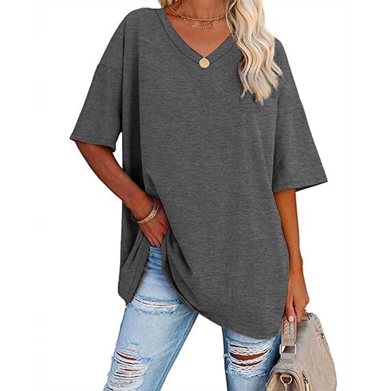 Ebifin Damen Oversize T Shirt mit V-Ausschnitt Kurzärmeliges Casual Lockere Basic Sommer Tee Shirts Bluse.Dunkelgrau.XL