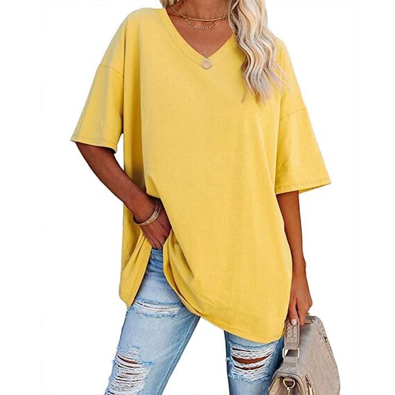 Ebifin Damen Oversize T Shirt mit V-Ausschnitt Kurzärmeliges Casual Lockere Basic Sommer Tee Shirts Bluse.Gelb.XL
