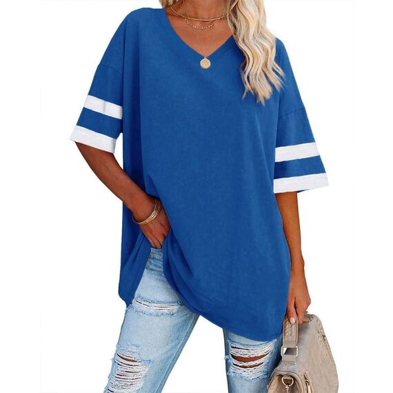 Ebifin Oversize T Shirt mit V-Ausschnitt Damen Kurzärmeliges Casual Lockere Basic Sommer Tee Shirts Bluse.Blau.XL