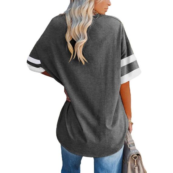 Ebifin Oversize T Shirt mit V-Ausschnitt Damen Kurzärmeliges Casual Lockere Basic Sommer Tee Shirts Bluse.Dunkelgrau.XL