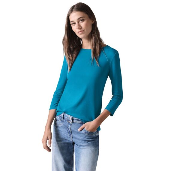 Cecil Damen B317389 Basic T-Shirt In Unifarbe, Dynamic Aqua Blue,XS