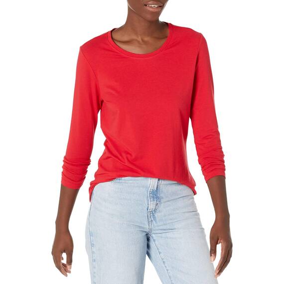 Amazon Essentials Damen Langärmeliges T-Shirt mit Rundhalsausschnitt in klassischer Passform (Erhältlich in Übergröße), Kirschrot, XXL
