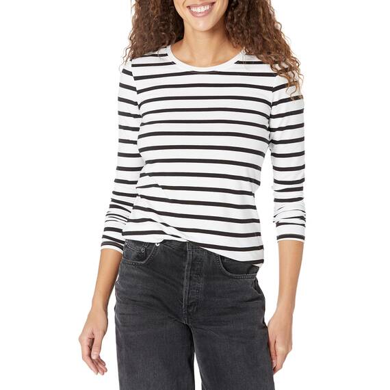Amazon Essentials Damen Regular-Fit Langarm-T-Shirt Rundhalsausschnitt (In Übergröße Erhältlich), Schwarz/Weiß Streifen, XXL