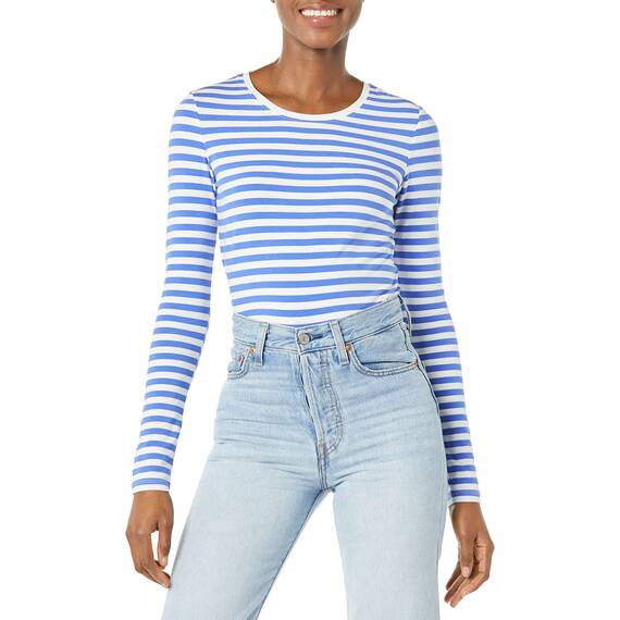 Amazon Essentials Damen Langärmeliges T-Shirt mit Rundhalsausschnitt in klassischer Passform (Erhältlich in Übergröße), Blau-Weiß-Streifen, XX-Large