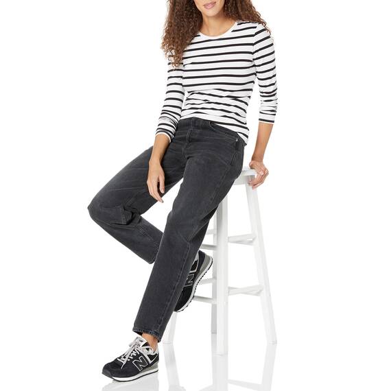 Amazon Essentials Damen Regular-Fit Langarm-T-Shirt Rundhalsausschnitt (In Übergröße Erhältlich), Schwarz/Weiß Streifen, XXL