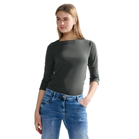 Cecil Damen B317389 Basic Baumwollshirt U-Boot Ausschnitt, Strong Khaki, M