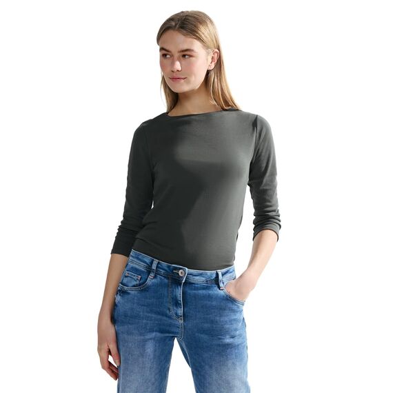 Cecil Damen B317389 Basic Baumwollshirt U-Boot Ausschnitt, Strong Khaki, M