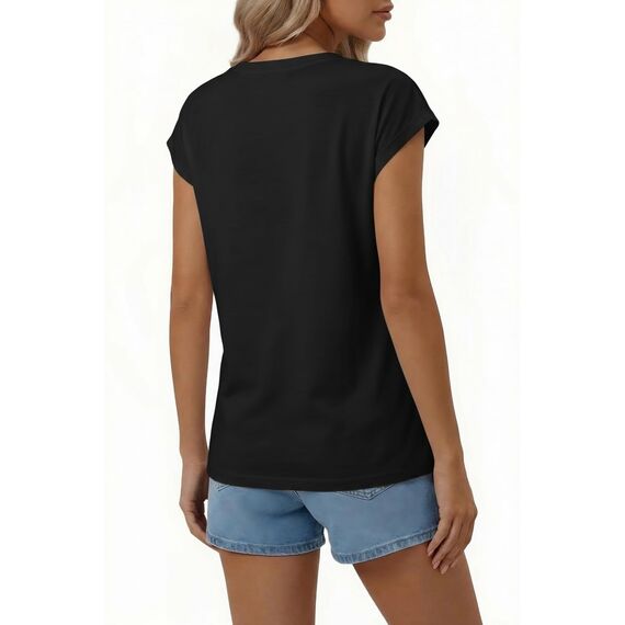Suncife Damen-T-Shirt, Sommer, lockere Passform, Flügelärmel, V-Ausschnitt, T-Shirt, Schwarz, L
