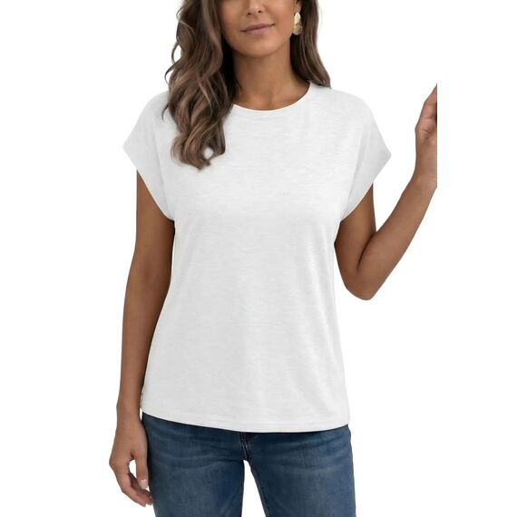 AirMood Lässiges Basic-T-Shirt für Damen, elegant, lockere Passform, Rundhalsausschnitt, Flügelärmel, weiß, M