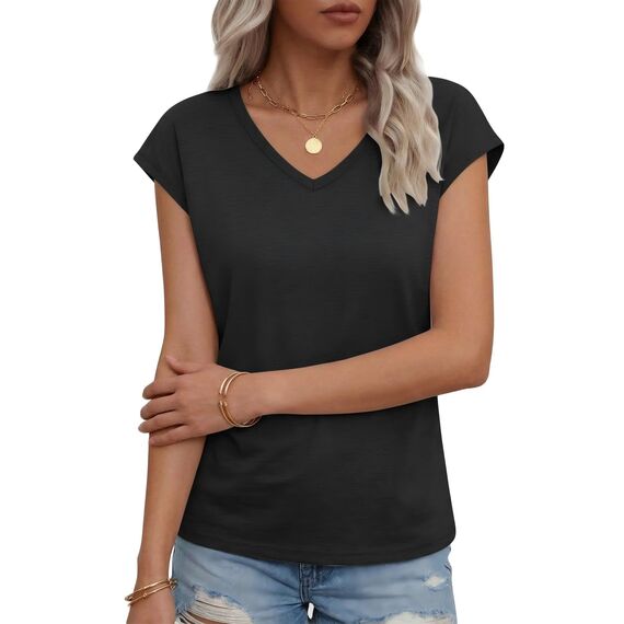 Suncife Damen-T-Shirt, Sommer, lockere Passform, Flügelärmel, V-Ausschnitt, T-Shirt, Schwarz, L