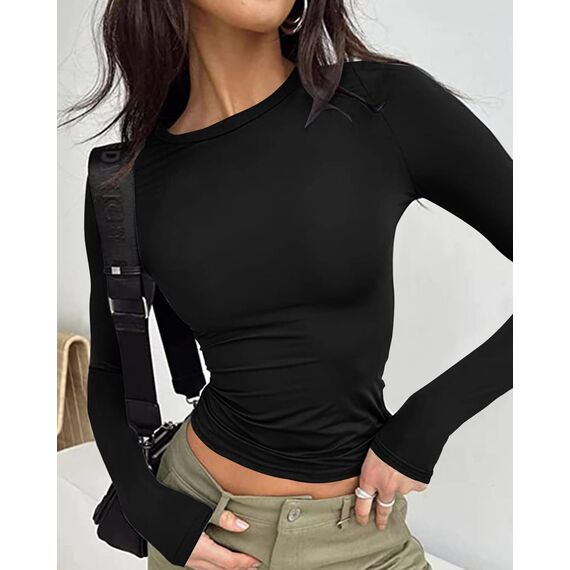 Cuptacc Langarmshirt Damen Eng Rundhals Komfort T Shirt Langarm Atmungsaktiv Oberteile Damen Crop Slim Fit Longsleeve Top Mädchen Schwarz S