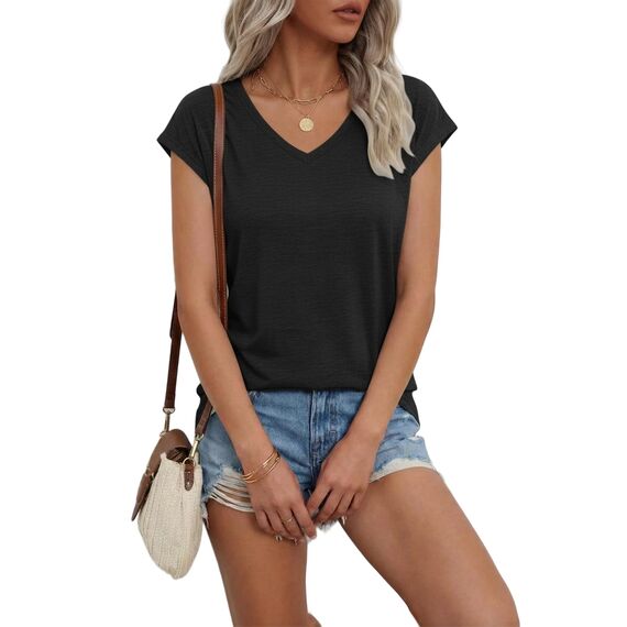 Suncife Damen-T-Shirt, Sommer, lockere Passform, Flügelärmel, V-Ausschnitt, T-Shirt, Schwarz, L