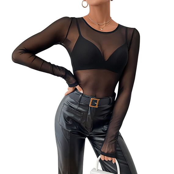 Damen Sexy Netzoberteil Transparent Netz Oberteil Schwarz Mesh Sheer Top mit Rundhalsausschnitt für Clubwear, Partys und Alltagslooks - Weiches, Atmungsaktives Material für Komfort und Stil