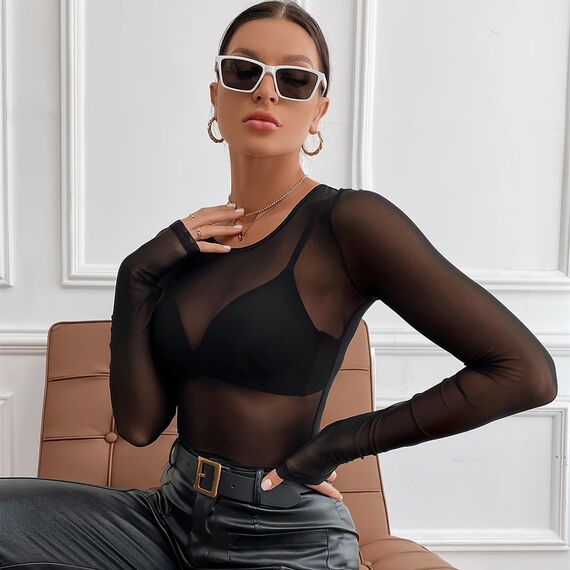 Damen Sexy Netzoberteil Transparent Netz Oberteil Schwarz Mesh Sheer Top mit Rundhalsausschnitt für Clubwear, Partys und Alltagslooks - Weiches, Atmungsaktives Material für Komfort und Stil