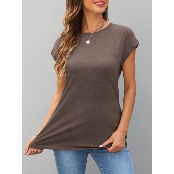 Cuptacc Tshirt Damen Tops Sommer Rundhals Oberteile Elegant Basic Bluse Kurzarm Damen Business Tunika CoffeeGrey 2XL 50-52