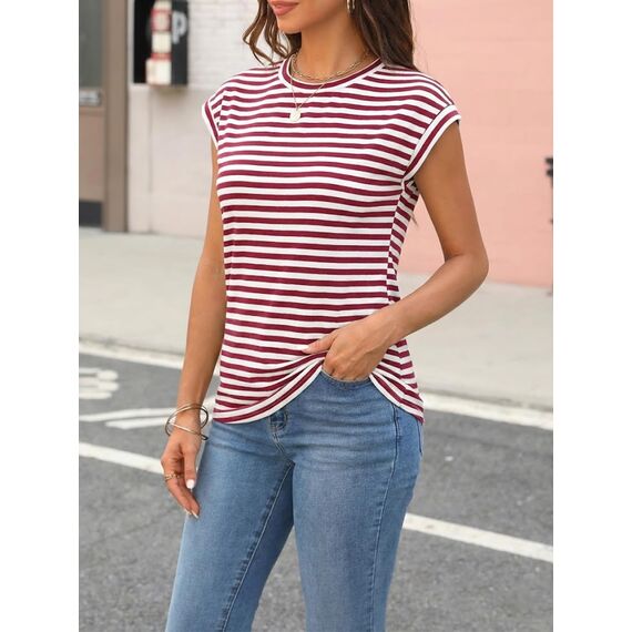 Cuptacc Damen Tshirt Elegante Tank Top Baumwolle Locker Oberteile Damen Sommer Fashion Shirt Gestreiftes Kniff Rotstreifen XL 46-48