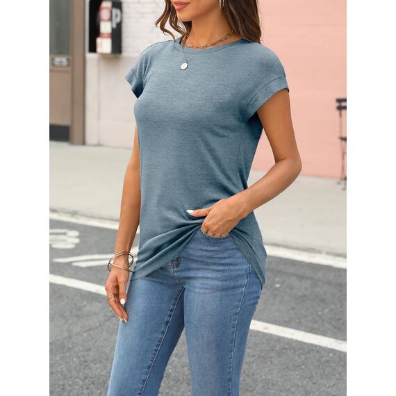 Cuptacc Tshirt Damen Sommer Rundhals Oberteile Damen Elegant Tops Cute T Shirt Basic Business Outfit Bluse Blau Mittel M 38-40
