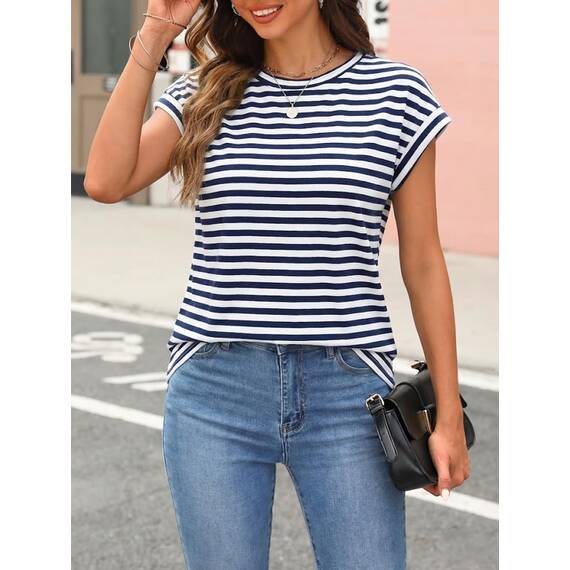Cuptacc Shirts Damen Sommer Elegant Tank Tops Crew Neck Tunika Elegant Tshirt Damen Baumwolle Basic Oberteile Marinestreifen M 38-40