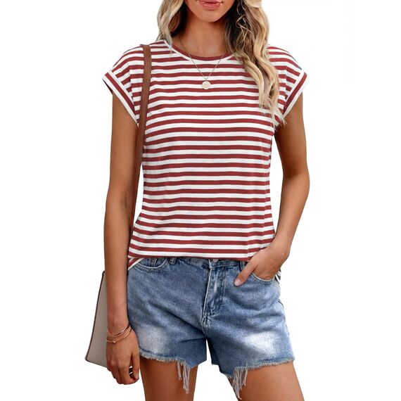 Cuptacc T-Shirt Damen Lässige Oberteile Damen Sommer Elegant Shirts Basic Top Gestreiftes Oberteil Frühling Rotstreifen S 34-36
