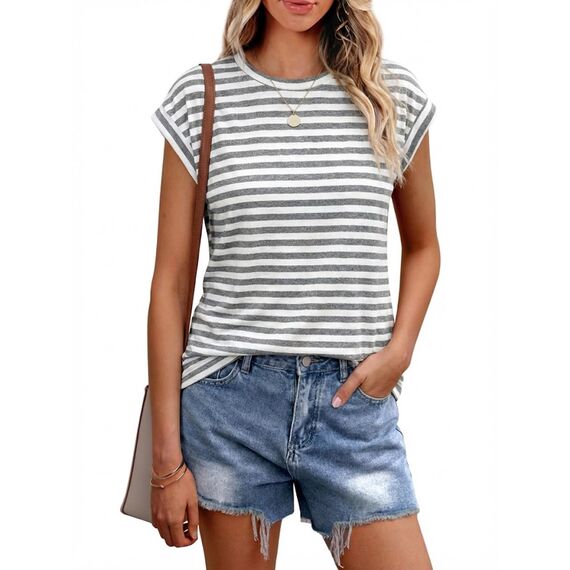 Cuptacc T-Shirts Für Damen Basic Tops Sommer Locker T-Shirt Damen Baumwolle Lässige Oberteile Gestreiftes Graustreifen XL 46-48