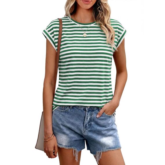 Cuptacc Oberteile Damen Sommer Casual Tops Für Damen Baumwolle Basic Oberteil Rundhals Tank Top Kurzarm Business Grünstreifen L 42-44