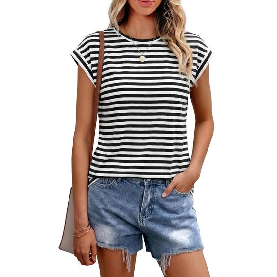 Cuptacc Tunika Damen Sommer Elegante Oberteile Basic Top Runder Halsausschnitt Tshirt Damen Baumwolle Atmungsaktiv Schwarzstreifen S 34-36