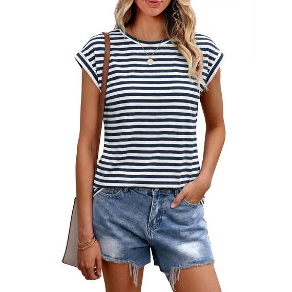 Cuptacc T Shirt Damen Sommer Basic Tank Top Rundhals Oberteile Elegant Tshirt Damen Baumwolle Bluse Kurzarm Business Outfit Marinestreifen XXL 50-52