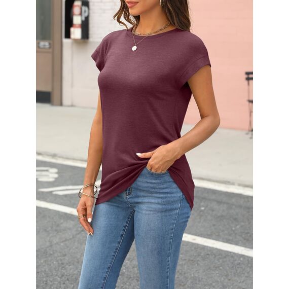 Cuptacc T Shirt Damen Sommer Tops Für Damen Oberteile Rundhalsausschnitt Business Bluse Kurzarm T-Shirt Locker WineRed Groß L 42-44
