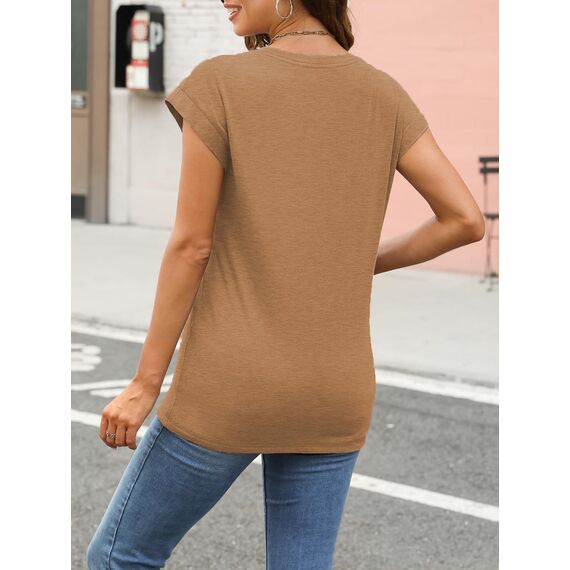 Cuptacc T Shirt Damen Sommer Tops Für Damen Oberteile Rundhalsausschnitt Business Bluse Kurzarm T-Shirt Locker Coffee Groß L 42-44