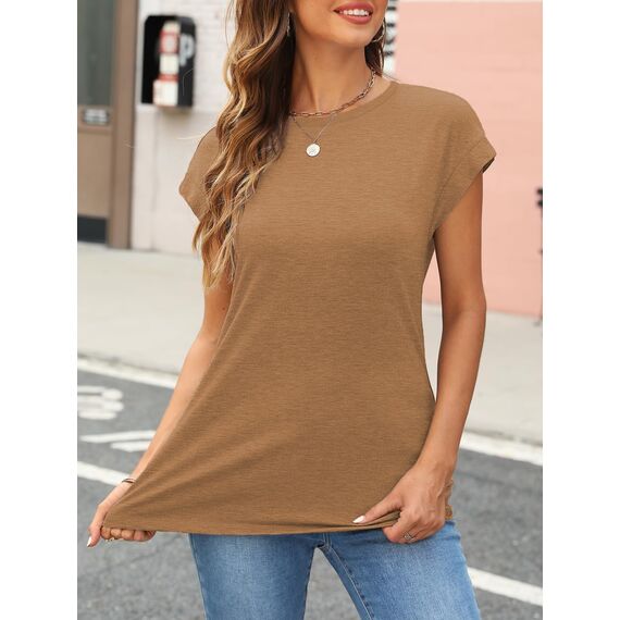 Cuptacc T Shirt Damen Sommer Tops Für Damen Oberteile Rundhalsausschnitt Business Bluse Kurzarm T-Shirt Locker Coffee Groß L 42-44