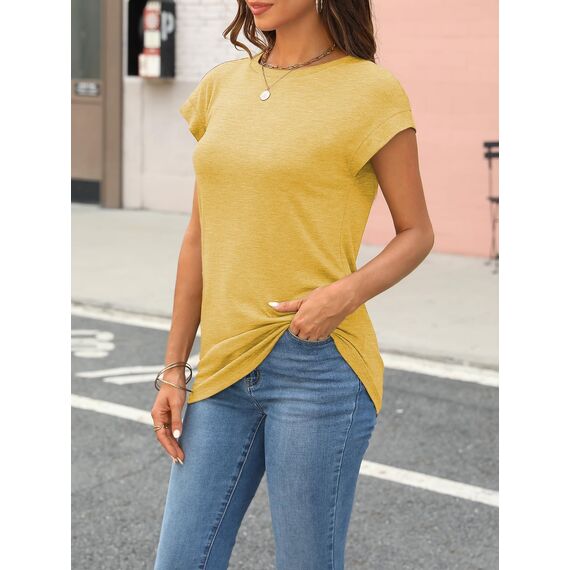 Cuptacc T Shirt Damen Sommer Tops Für Damen Oberteile Rundhalsausschnitt Business Bluse Kurzarm T-Shirt Locker Yellow Groß L 42-44