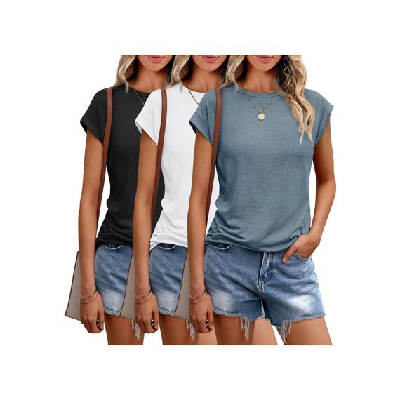 Cuptacc Tank Top Damen Sommer 3er Pack Rundhals Oberteile Damen Elegant Tops Cute Tshirt Basic Business Outfit Multi-Pack Bluse Schwarz Weiß Blau Mittel M 38-40