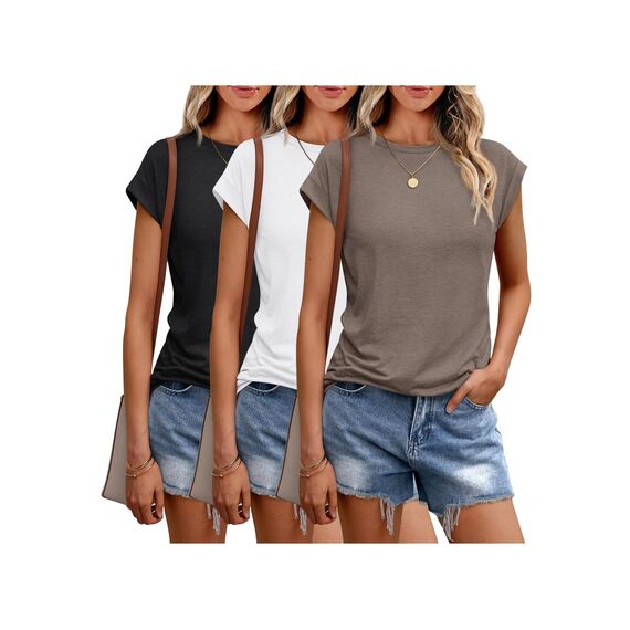 Cuptacc Tank Top Damen Sommer 3er Pack Rundhals Oberteile Damen Elegant Tops Cute Tshirt Basic Business Outfit Bluse CoffeeGrau Schwarz Weiß Mittel M 38-40
