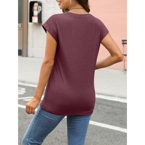 Cuptacc T Shirt Damen Sommer Tops Für Damen Oberteile Rundhalsausschnitt Business Bluse Kurzarm T-Shirt Locker WineRed Groß L 42-44