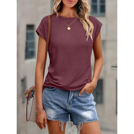 Cuptacc T Shirt Damen Sommer Tops Für Damen Oberteile Rundhalsausschnitt Business Bluse Kurzarm T-Shirt Locker WineRed Groß L 42-44