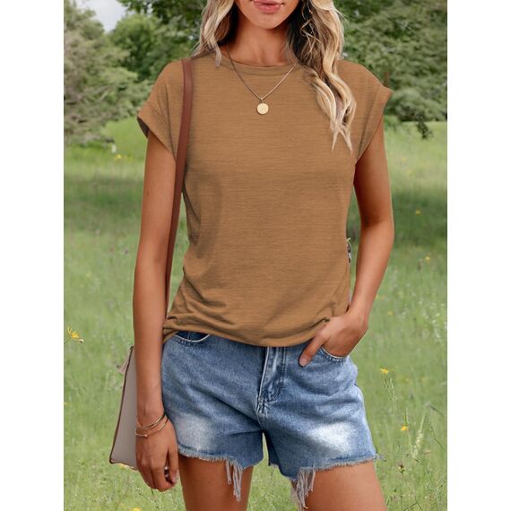 Cuptacc T Shirt Damen Sommer Tops Für Damen Oberteile Rundhalsausschnitt Business Bluse Kurzarm T-Shirt Locker Coffee Groß L 42-44