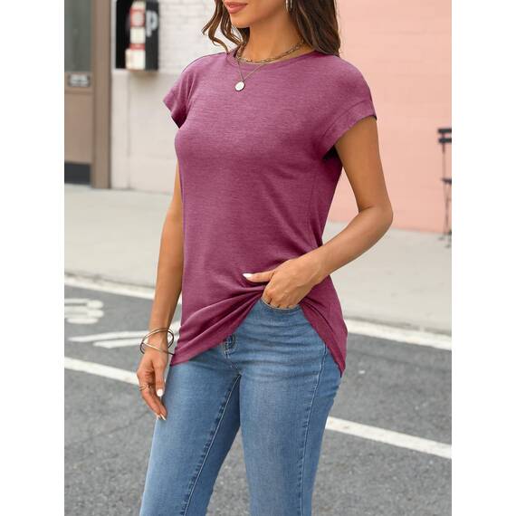 Cuptacc Tshirt Damen Tops Sommer Rundhals Oberteile Elegant Basic Bluse Kurzarm Damen Business Tunika Purple 3XL 56-58