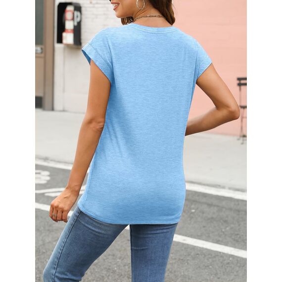 Cuptacc Tops Für Damen T Shirt Rundhals Oberteile Damen Elegant Bluse Kurzarm Sexy Top Sommer SkyBlau Groß L 42-44