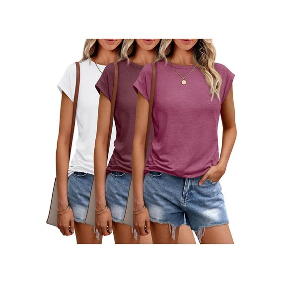 Cuptacc Tank Top Damen Sommer 3er Pack Rundhals Oberteile Damen Elegant Tops Cute Tshirt Basic Business Tshirt Multi-Pack Bluse Weiß Hibiscus WineRed Klein S 34-36