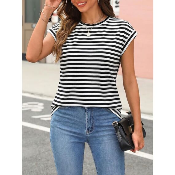 Cuptacc Tunika Damen Sommer Elegante Oberteile Basic Top Runder Halsausschnitt Tshirt Damen Baumwolle Business Outfit Schwarzstreifen XL 46-48