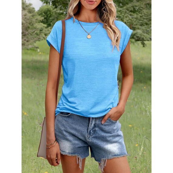 Cuptacc Tshirt Damen Sommer Rundhals Oberteile Damen Elegant Tops Cute T Shirt Basic Business Outfit Bluse SkyBlau Mittel M 38-40