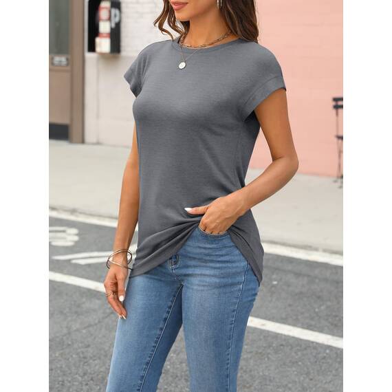Cuptacc T-Shirt Damen Sommer Tops Für Damen Oberteile Rundhalsausschnitt Business Bluse Kurzarm Tops Teenager Mädchen Grau XL 46-48