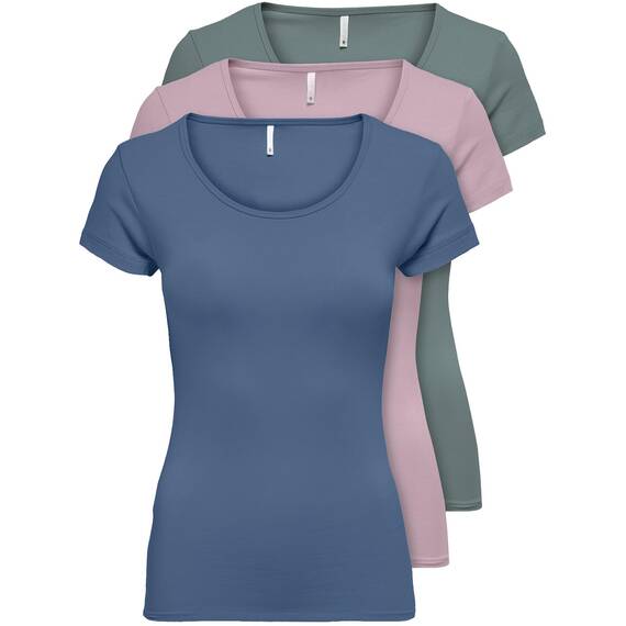 ONLY 3er Pack Damen T-Shirt schwarz oder weiß Kurzarm lang Basic Sommer T-Shirts XS S M L XL 15209153 (Farb Mix 5, S)