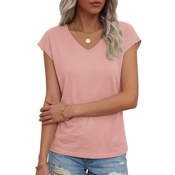 Suncife Damen-T-Shirt, Sommer, lockere Passform, Flügelärmel, V-Ausschnitt, T-Shirt, Rose, L