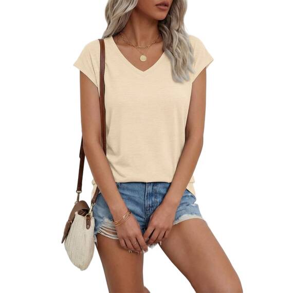 Suncife Damen-T-Shirt, Sommer, lockere Passform, Flügelärmel, V-Ausschnitt, T-Shirt, Aprikose, XL