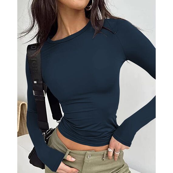 Cuptacc Damen Tshirt Langarm Elegant Airy Tops Für Damen Langarm Konvertierbar 2025 Trendy Basic Langarmshirt Oberteile Enganliegend Marineblau XXL
