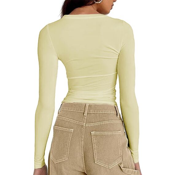 Cuptacc Top Damen Langarm Elegant Eng Klassisch Round Neck Langarmshirt Damen Baumwolle Longshirt Crop Luftig Stretch Longsleeve Creme Gelb XXL