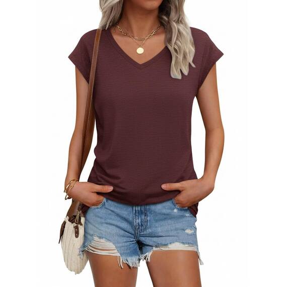 Suncife Damen-T-Shirt, Sommer, lockere Passform, Flügelärmel, V-Ausschnitt, T-Shirt, burgunderfarben, S