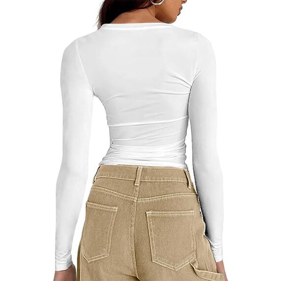 Cuptacc Langarmshirt Damen Volltonfarbe Round Neck Basic Top Absorbierend Shirt Damen Langarm Tshirt Casual Oberteile Weiß M