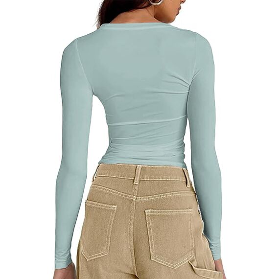 Cuptacc Langarmshirt Damen Winter Dünn Enges Tshirt Langarm Round Neck Skinny Long Sleeve Shirt Women Cotton Lässig Party Club Top Himmelblau S